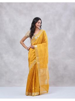 Fabindia - Mustard Viscose Blend Banarsi Saree with Unstitched Blouse