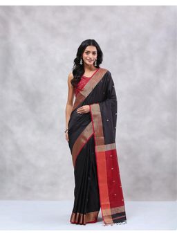 Fabindia - Black Silk Blend Maheshwari Saree with Unstitched Blouse