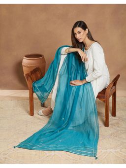 Fabindia - Thread Work Teal Cotton Silk Dupatta