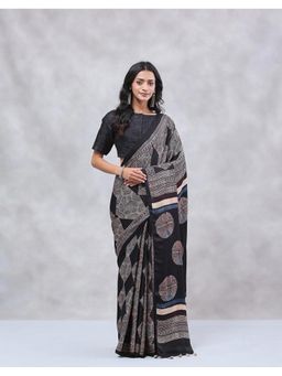 Fabindia - Black Viscose Blend Ajrakh Printed Saree with Unstitched Blouse
