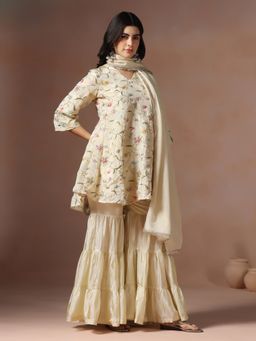 Shree - Women Viscose Beige Embroidered Kurta with Sharara and Dupatta