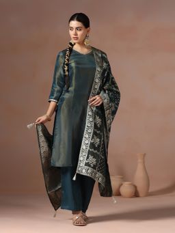 Shree - Women Dola Silk Teal Solid Kurta with Pant and Dupatta