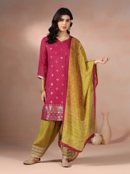 Shree - Women Organza Jacquard Pink Bandhani Print Kurta with Salwar and Dupatta