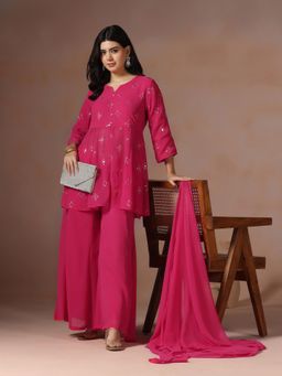 Shree - Women Georgette Pink Solid Kurta with Sharara and Dupatta