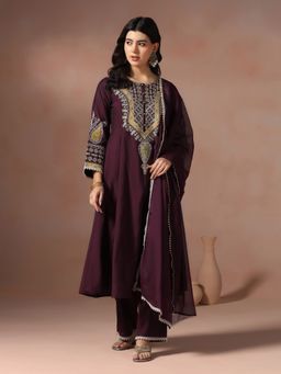 Shree - Women Chanderi Wine Embroidered Kurta with Pant and Dupatta