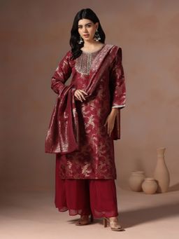 Shree - Women Silk Jacquard Maroon Woven Kurta with Palazzo and Dupatta