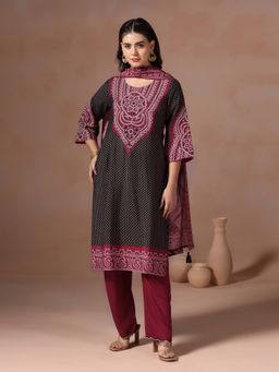 Shree - Women Chanderi Black Bandhani Print Embroidered Kurta with Pant and Dupatta