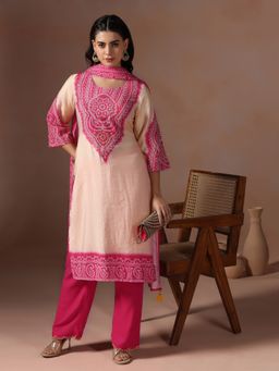 Shree - Women Chanderi Pink Bandhani Print Embroidered Kurta with Pant and Dupatta