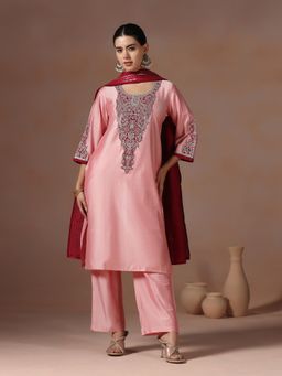 Shree - Women Silk Blend Pink Embroidered Kurta with Pant and Dupatta