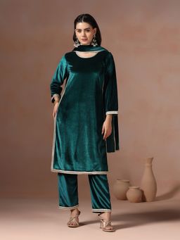 Shree - Women Velvet Teal Solid Kurta with Pant and Dupatta