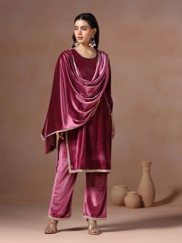 Shree - Women Velvet Wine Solid Kurta with Pant and Dupatta