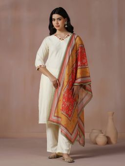 Shree - Women Poly Viscose Off White Embroidered Kurta with Pant and Dupatta
