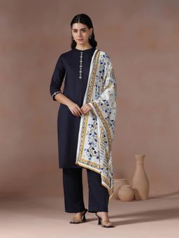 Shree - Women Cotton Navy Blue Embroidered Kurta with Pant and Dupatta