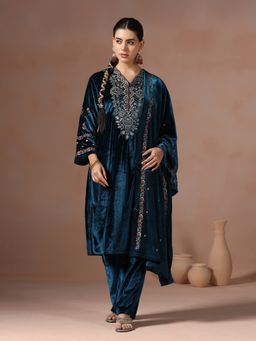Shree - Women Velvet Blue Embroidered Kurta with Pant and Dupatta