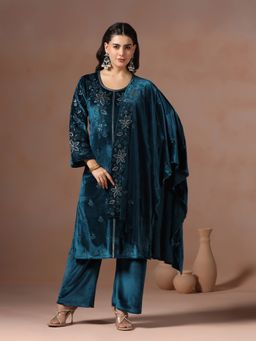 Shree - Velvet Blue Embroidered Kurta with Pant and Dupatta