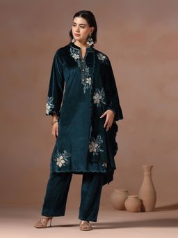 Shree - Velvet Blue Embroidered Kurta with Pant and Dupatta
