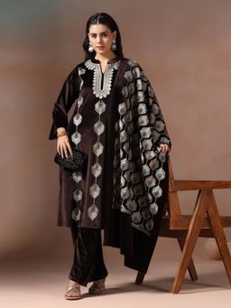 Shree - Women Velvet Brown Embroidered Kurta with Pant and Dupatta