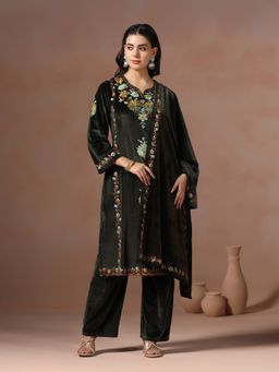 Shree - Velvet Olive Embroidered Kurta with Pant and Dupatta