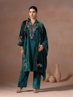 Shree - Women Velvet Teal Embroidered Kurta with Pant and Dupatta