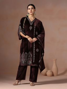 Shree - Women Velvet Wine Embroidered Kurta with Pant and Dupatta