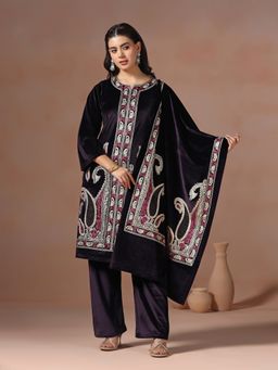 Shree - Women Velvet Purple Embroidered Kurta with Pant and Dupatta