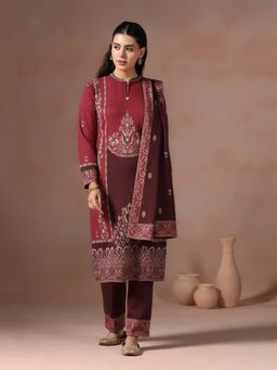 Shree - Women Wool Blend Red and Maroon Jacquard Kurta with Pant and Dupatta