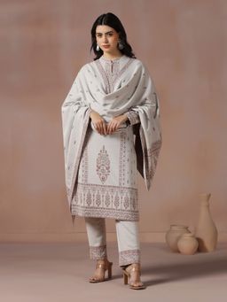 Shree - Women Wool Blend Off White Jacquard Kurta with Pant and Dupatta