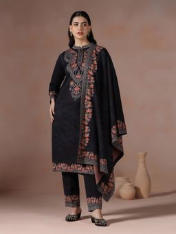 Shree - Women Wool Blend Black Jacquard Kurta with Pant and Dupatta