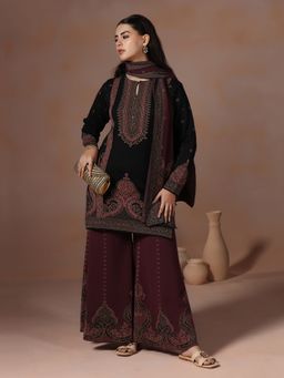 Shree - Women Wool Blend Black and Maroon Jacquard Kurta with Pant and Dupatta