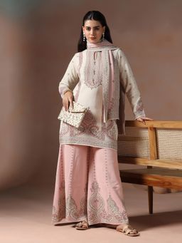 Shree - Women Wool Blend Off White Jacquard Kurta with Pant and Dupatta