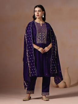 Shree - Women Velvet Purple Embroidered Kurta with Pant and Dupatta