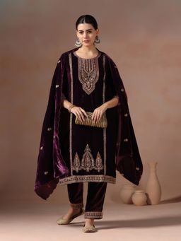 Shree - Velvet Wine Embroidered Kurta with Pant and Dupatta