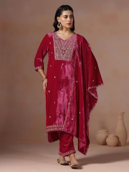 Shree - Women Velvet Pink Embroidered Kurta with Pant and Dupatta