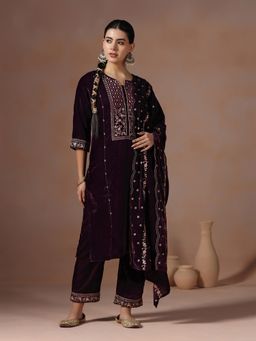 Shree - Velvet Wine Embroidered Kurta with Pant and Dupatta