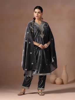 Shree - Women Velvet Grey Embroidered Kurta with Pant and Dupatta