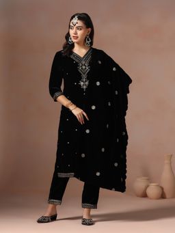Shree - Women Velvet Black Embroidered Kurta with Pant and Dupatta