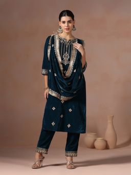 Shree - Velvet Teal Embroidered Kurta with Pant and Dupatta