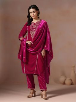 Shree - Women Velvet Fuchsia Embroidered Kurta with Pant and Dupatta