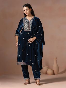 Shree - Women Velvet Teal Embroidered Kurta with Pant and Dupatta