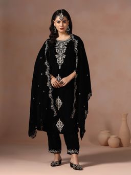 Shree - Velvet Black Embroidered Kurta with Pant and Dupatta