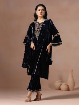 Shree - Women Velvet Blue Embroidered Kurta with Pant and Dupatta