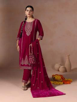 Shree - Women Velvet Pink Embroidered Kurta with Pant and Dupatta