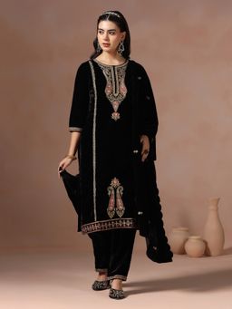 Shree - Velvet Black Embroidered Kurta with Pant and Dupatta