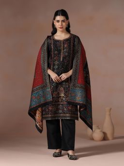 Shree - Women Acrylic Jacquard Black Woven Kurta with Pant and Dupatta