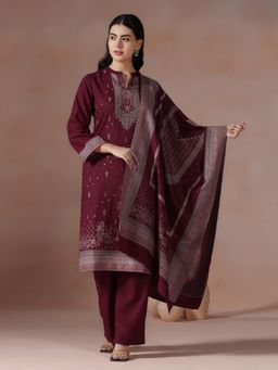 Shree - Women Acrylic Jacquard Fuchsia Woven Kurta with Pant and Dupatta