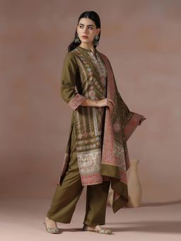 Shree - Women Acrylic Jacquard Olive Woven Kurta with Pant and Dupatta