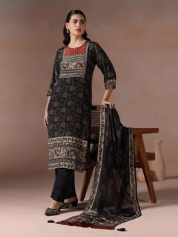 Shree - Women Muslin Black Ajrakh Print Kurta with Pant and Dupatta