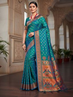 Fashion Petals - Turquoise Woven Zari Work Tassel Saree with Unstitched Blouse