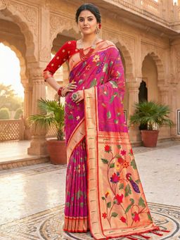 Fashion Petals - Pink Paithani Silk Woven Work Tassel Saree with Unstitched Blouse