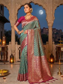 Fashion Petals - Green Banarasi Silk Woven Work Tassels Saree with Unstitched Blouse